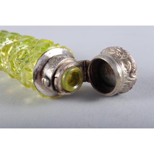 248 - A late 19th century uranium glass and silver mounted double-end scent bottle, 5 1/8