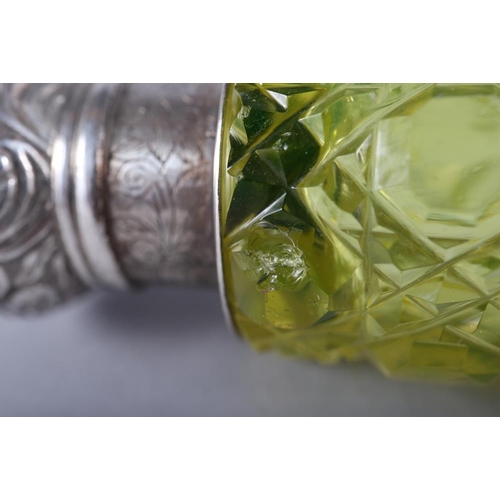 248 - A late 19th century uranium glass and silver mounted double-end scent bottle, 5 1/8