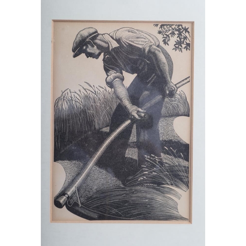 287 - Clare Leighton: two framed lino-cuts, men scything and planting a tree, and C F Tunnicliffe: a set o... 