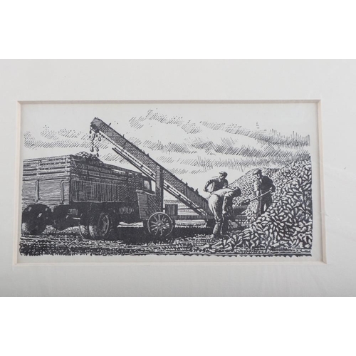 287 - Clare Leighton: two framed lino-cuts, men scything and planting a tree, and C F Tunnicliffe: a set o... 