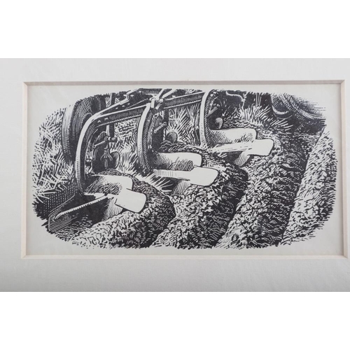 287 - Clare Leighton: two framed lino-cuts, men scything and planting a tree, and C F Tunnicliffe: a set o... 