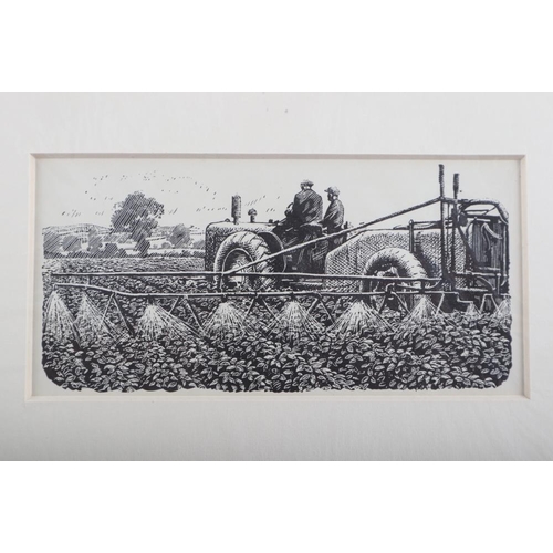 287 - Clare Leighton: two framed lino-cuts, men scything and planting a tree, and C F Tunnicliffe: a set o... 