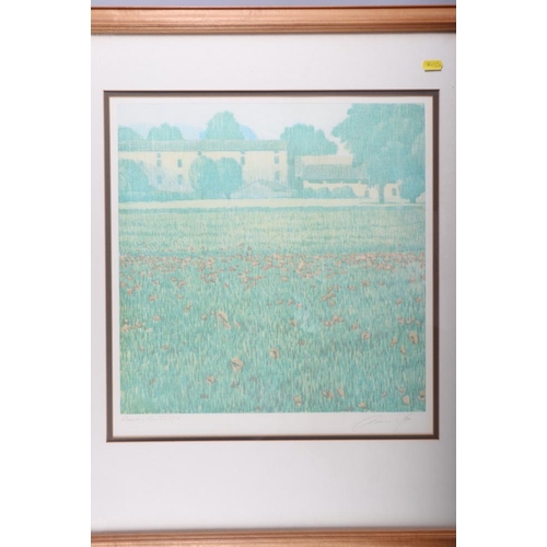 294 - Olivia Massy: three signed coloured prints, Tuscan landscapes, and a similar print, farmhouse and po... 