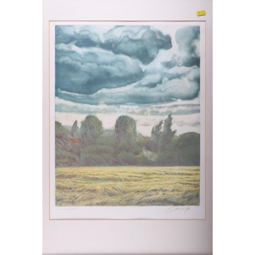 294 - Olivia Massy: three signed coloured prints, Tuscan landscapes, and a similar print, farmhouse and po... 