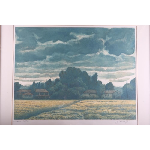 294 - Olivia Massy: three signed coloured prints, Tuscan landscapes, and a similar print, farmhouse and po... 