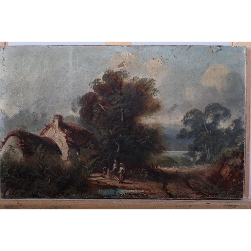 335 - A 19th century oil on wood panel, landscape with figures outside a cottage, 6 1/2