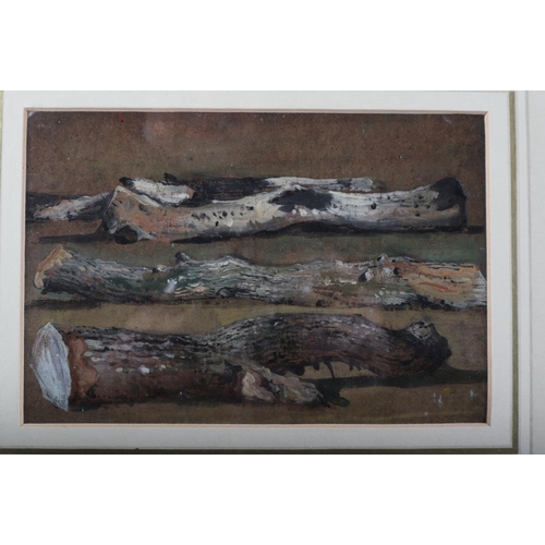 336 - Attributed to Frederick William Watts: oil on card, three logs, Fine Art Society label verso, 4 1/2