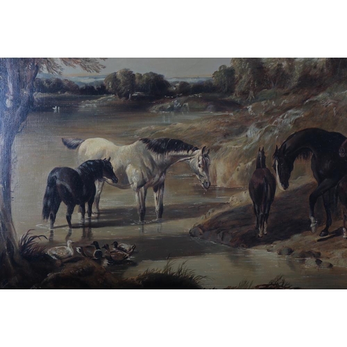 352 - Barrington Bramley, after Herring: oil on canvas, horses by a stream, 25 1/2