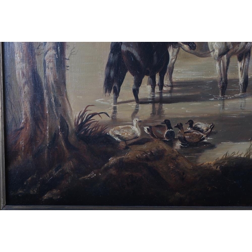 352 - Barrington Bramley, after Herring: oil on canvas, horses by a stream, 25 1/2