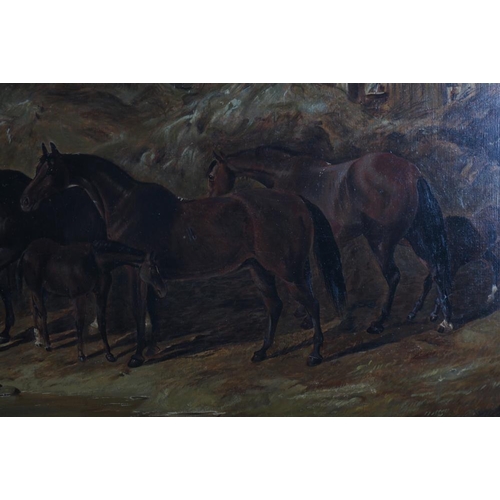 352 - Barrington Bramley, after Herring: oil on canvas, horses by a stream, 25 1/2