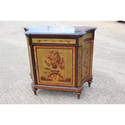 494 - An Italian marquetry marble top shape front credenza with bud and flower panels, on turned supports,... 