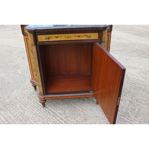 494 - An Italian marquetry marble top shape front credenza with bud and flower panels, on turned supports,... 