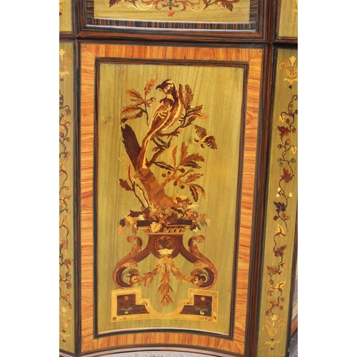 494 - An Italian marquetry marble top shape front credenza with bud and flower panels, on turned supports,... 