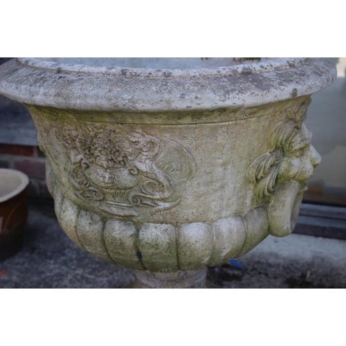 532 - A set of three cast stone pedestal planters with lion mask and ring decoration, 21