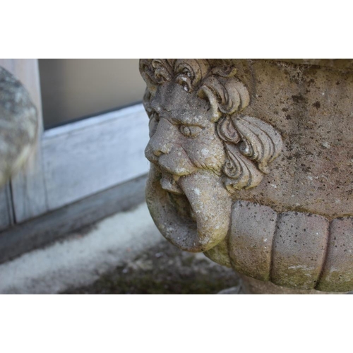 532 - A set of three cast stone pedestal planters with lion mask and ring decoration, 21