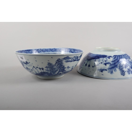 102 - A pair of 19th century Chinese porcelain bowls with sides painted landscape, 10