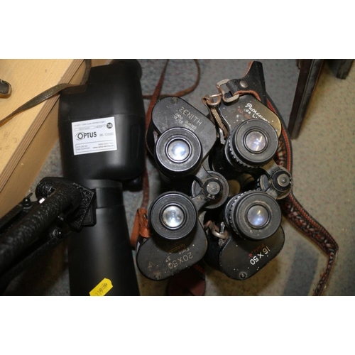 128 - A pair of Zenith 20x50 field binoculars, a scope on tripod and another pair of binoculars