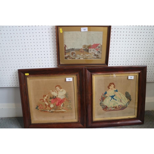 181 - A pair of 19th century embroidered panels of figures, in rosewood frames, and an embroidered panel o... 