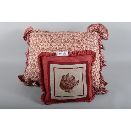 184 - A square cushion, decorated gros point panel of a dog's head, and three larger cushions decorated le... 