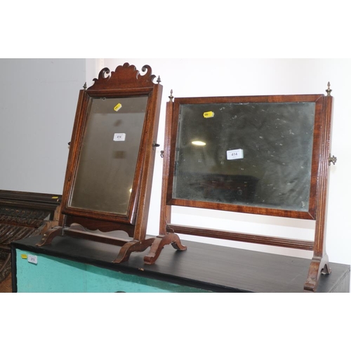 414 - An 18th century mahogany swing frame toilet mirror, on skeleton stand, plate 13 1/2