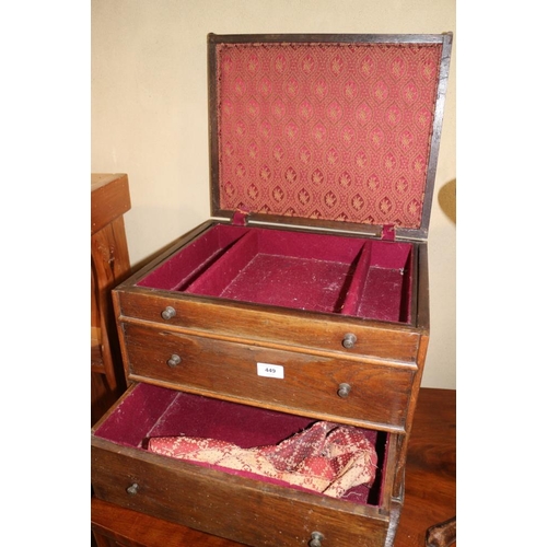 449 - An oak workbox with hinged top, fitted one drawer and two dummy drawers, 18