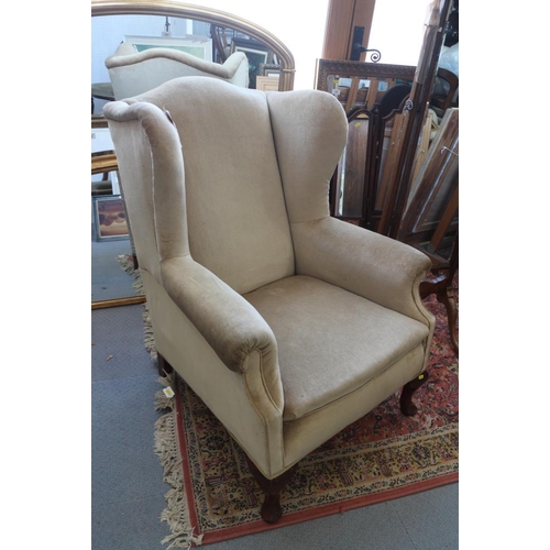 450 - An early 20th century wing armchair, upholstered in a gold velour, on cabriole supports