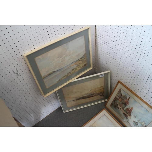 297 - Two watercolour coastal scenes, a number of coloured bird prints, in gilt strip frames, and a number... 