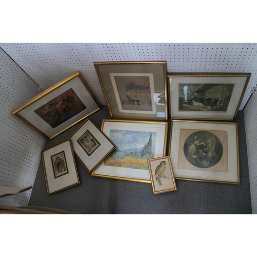 297 - Two watercolour coastal scenes, a number of coloured bird prints, in gilt strip frames, and a number... 