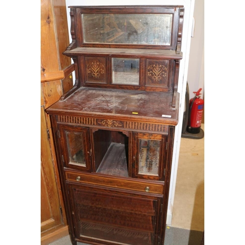 662 - An Edwardian inlaid rosewood ledge-back side cabinet, fitted small cupboards, shallow drawer and she... 