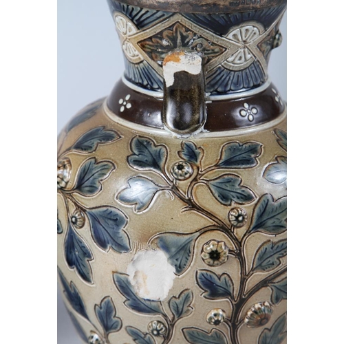 13 - A Doulton Lambeth Hannah Barlow jug with cattle decoration and silver mount, 9 1/2