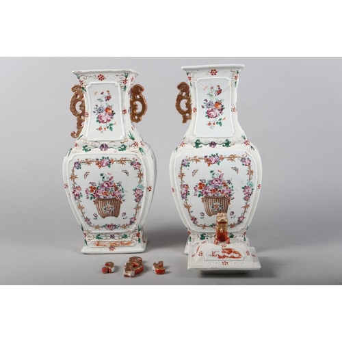 137 - A pair of Chinese porcelain polychrome enamel decorated two-handled rectangular section vases with b... 