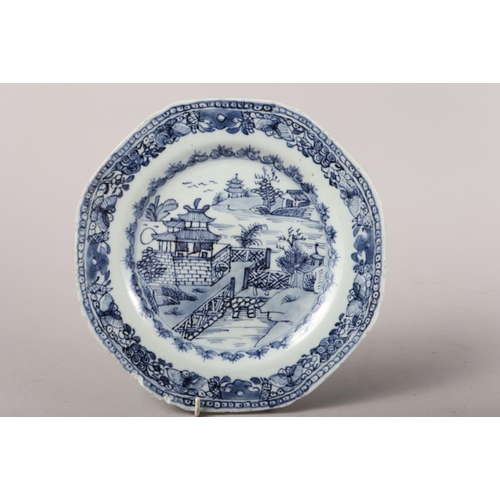 148 - Two Chinese blue and white octagonal plates with landscape decoration, two similar circular plates w... 