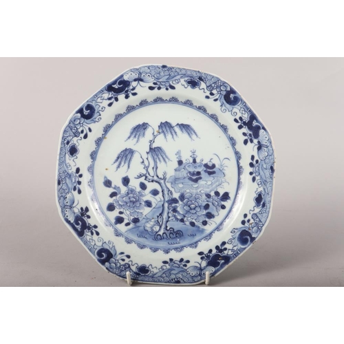 148 - Two Chinese blue and white octagonal plates with landscape decoration, two similar circular plates w... 