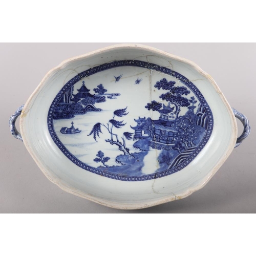 151 - A Chinese porcelain blue and white landscape decorated two-handled tureen, 12 1/2