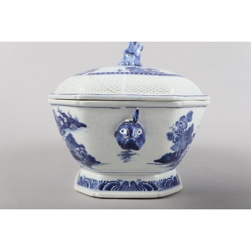 152 - A Chinese porcelain blue and white boars' head two-handled tureen and cover with floral decoration, ... 