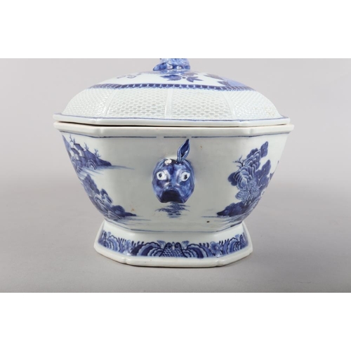 152 - A Chinese porcelain blue and white boars' head two-handled tureen and cover with floral decoration, ... 