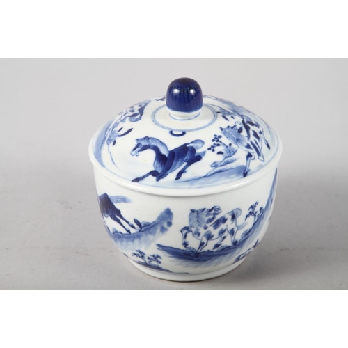 153 - A Chinese blue and white circular pot and cover, decorated horses, 4 1/4