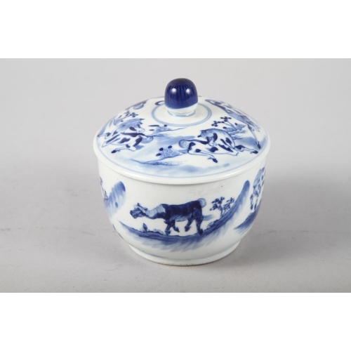 153 - A Chinese blue and white circular pot and cover, decorated horses, 4 1/4