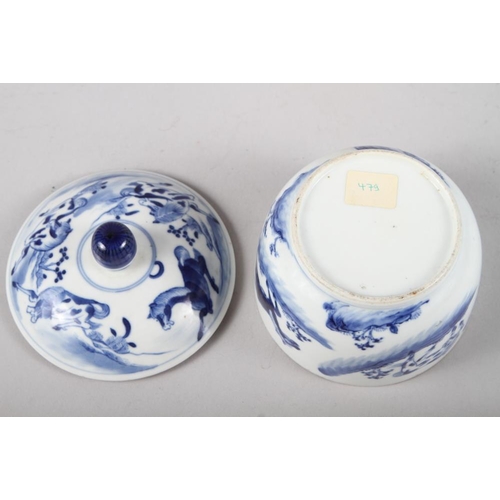 153 - A Chinese blue and white circular pot and cover, decorated horses, 4 1/4