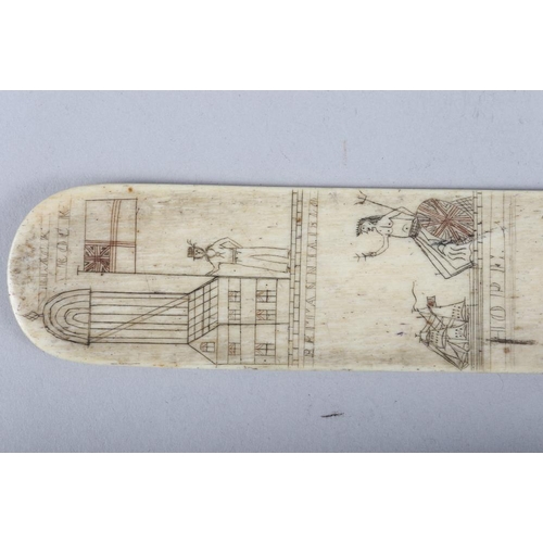 158 - An early 19th century prisoner-of-war bone scrimshaw page turner/busk, signed Elias Marett, with Ame... 