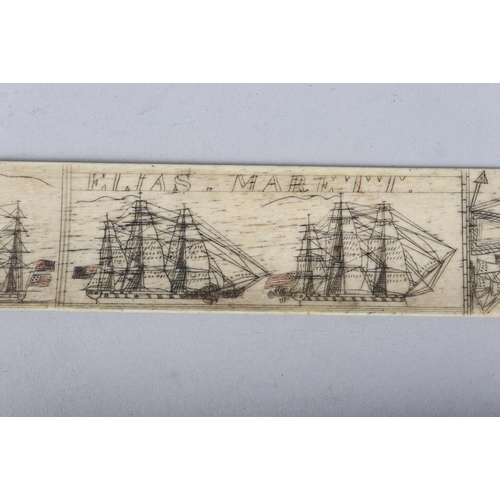 158 - An early 19th century prisoner-of-war bone scrimshaw page turner/busk, signed Elias Marett, with Ame... 