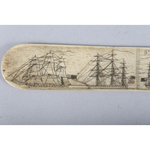 158 - An early 19th century prisoner-of-war bone scrimshaw page turner/busk, signed Elias Marett, with Ame... 