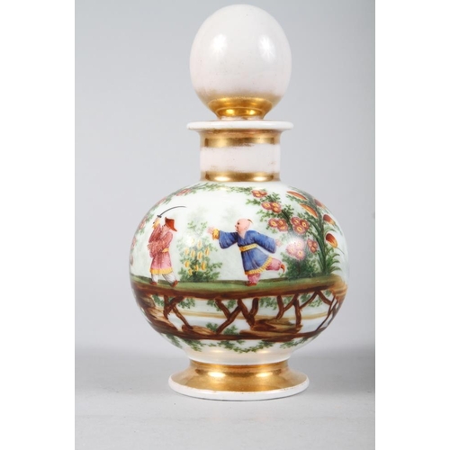 18 - A 19th century Continental porcelain scent bottle and stopper with chinoiserie decoration, 5 1/2