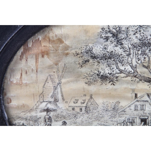 241 - An 18th century black thread work picture, figures by a stream with distant windmill, 5 1/2