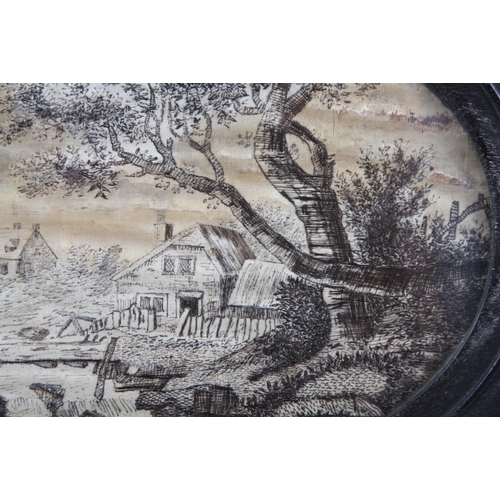 241 - An 18th century black thread work picture, figures by a stream with distant windmill, 5 1/2