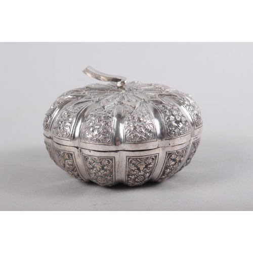 339 - A South American? white metal circular-shaped pot and cover with engraved decoration, 3 1/4