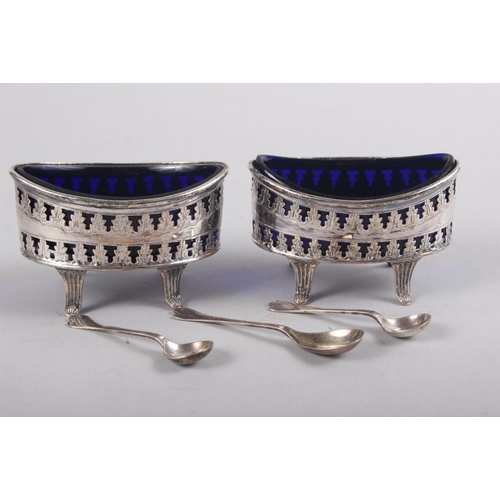 356 - A pair of Georgian silver oval salts with pierced borders and a pair of Georgian style cauldron salt... 