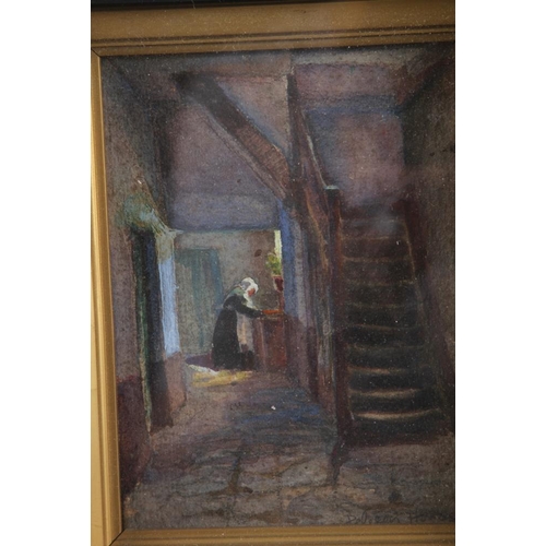 498 - A 19th century Dutch School watercolour, interior scene with figure, indistinctly signed, 6