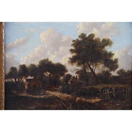 516 - An oil on canvas village scene with horse drawn cart, figures and trees, 11 3/4