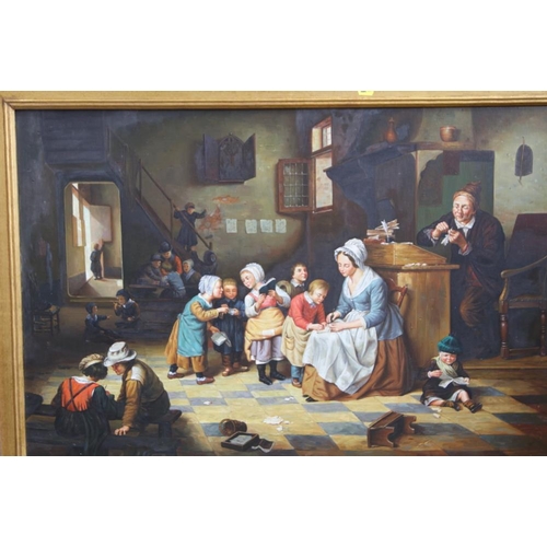 520 - An oil on canvas 19th century school classroom scene with teacher, assistant and children, 24